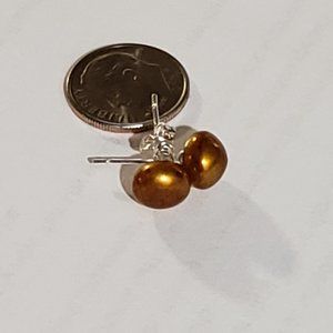 Gold-Colored Akoya Pearl Earrings 925 Sterling Silver Stud Size 7-8mm
